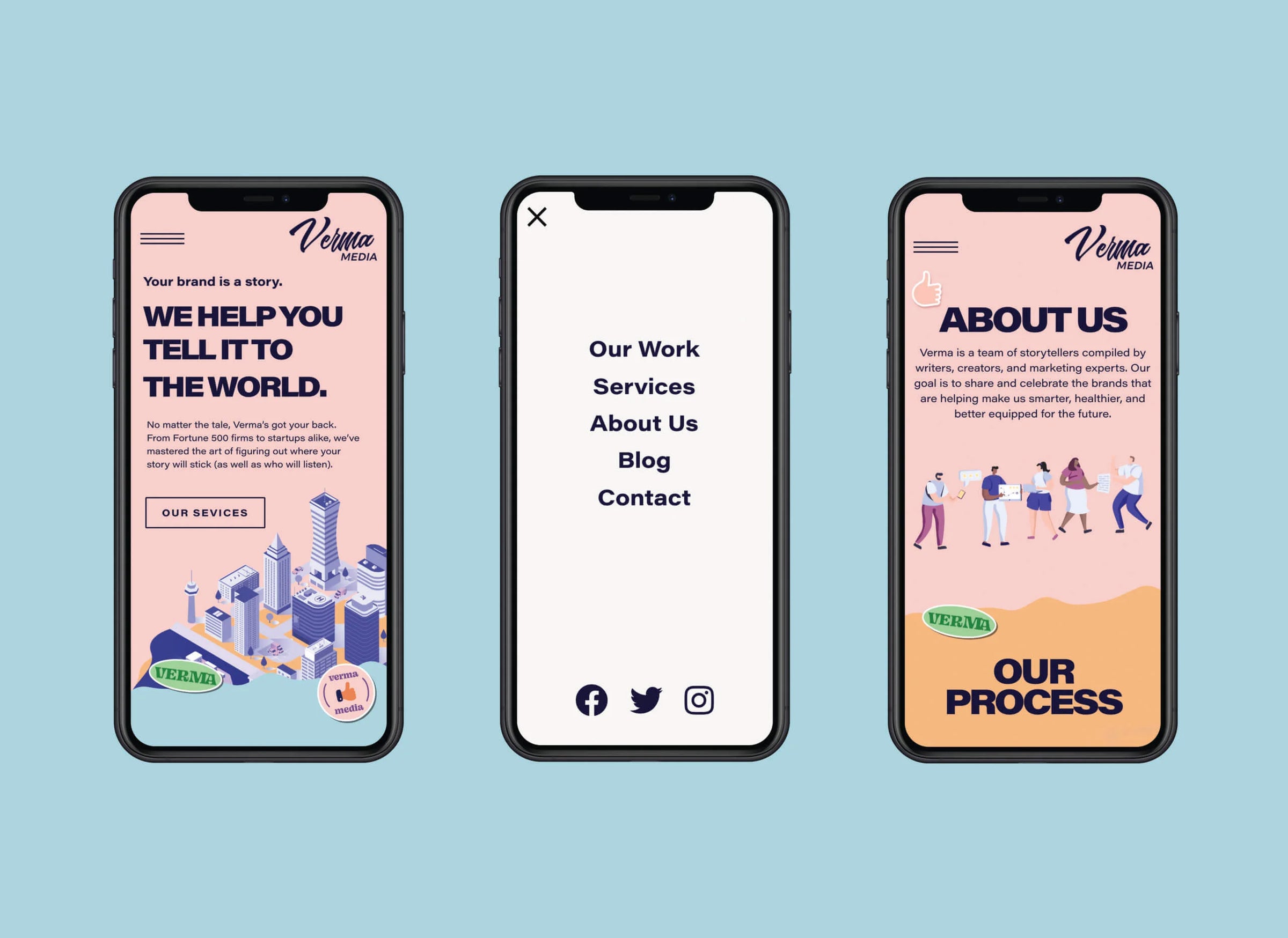 Three smartphone screens displaying a website with 'Verma Media' branding on a light blue background.