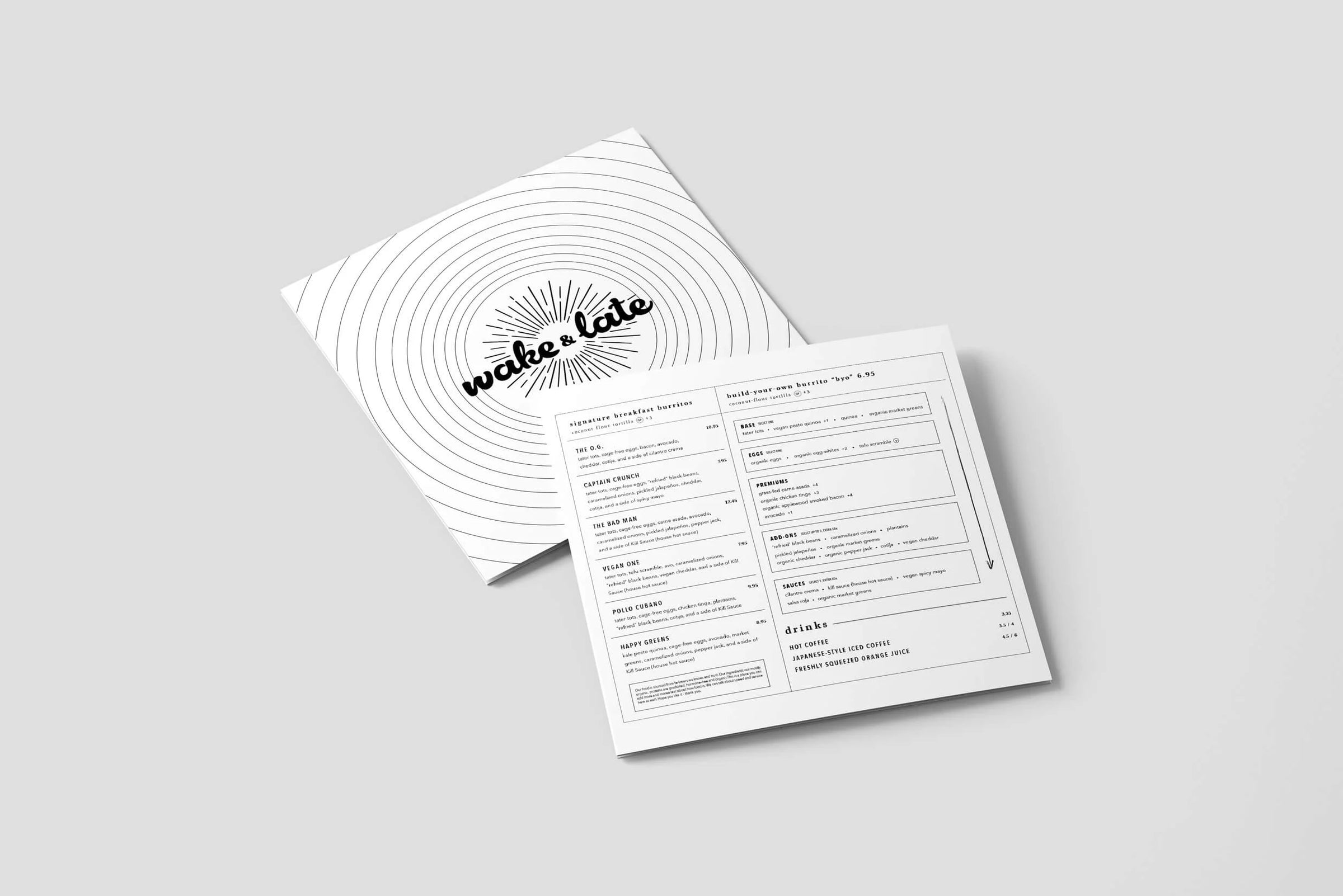 Menu and cover of a restaurant or cafe with 'Wake & Late' branding on a light gray background.