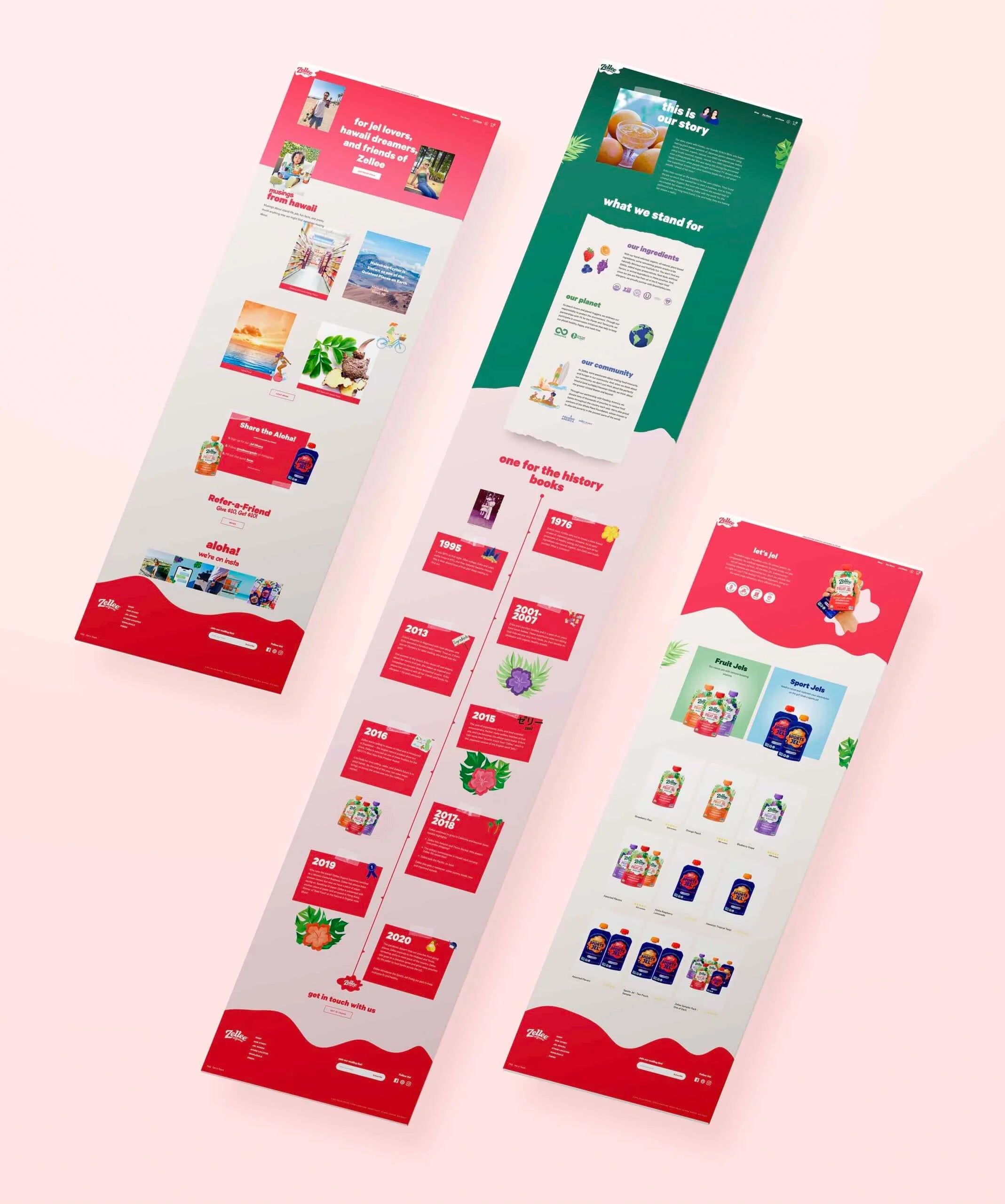 Set of colorful product packaging with various designs on a light pink background