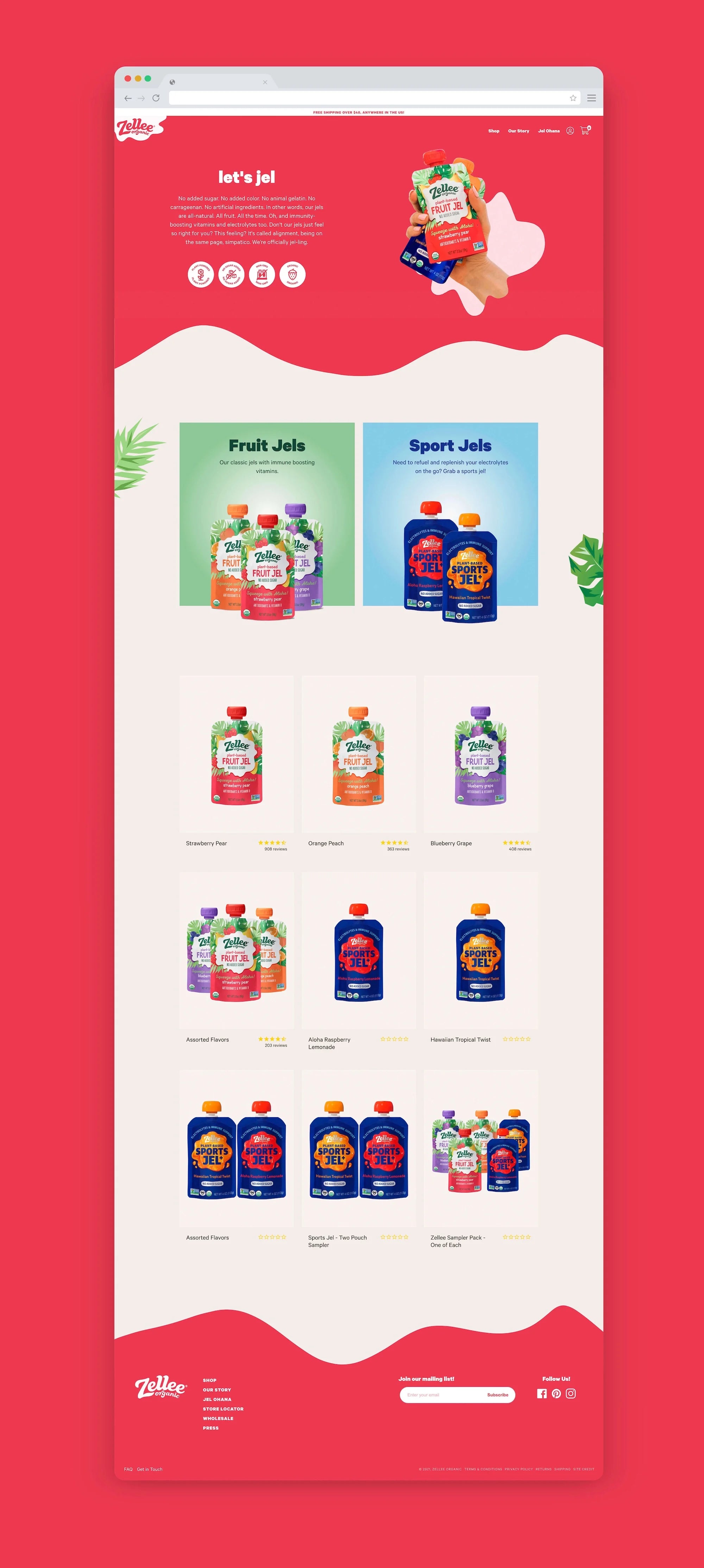 Website homepage with product categories on a red background