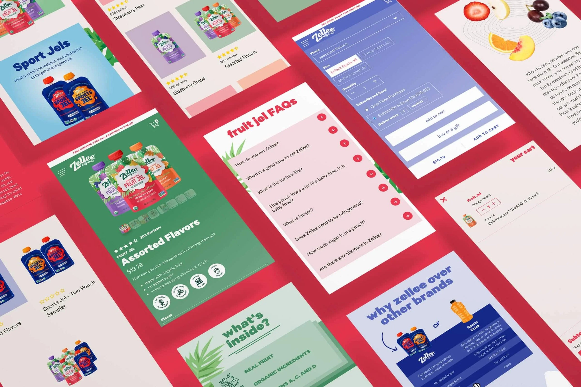 Collection of colorful product information cards on a red background