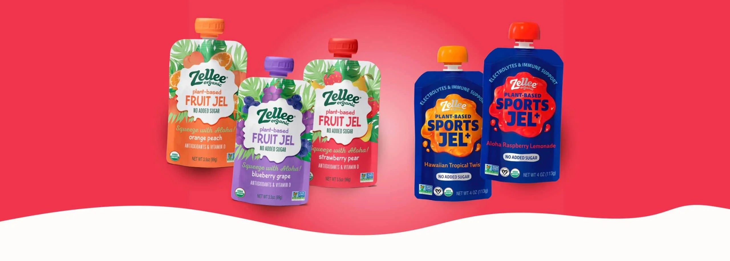 Zellers fruit and sports jelly packages on a red background