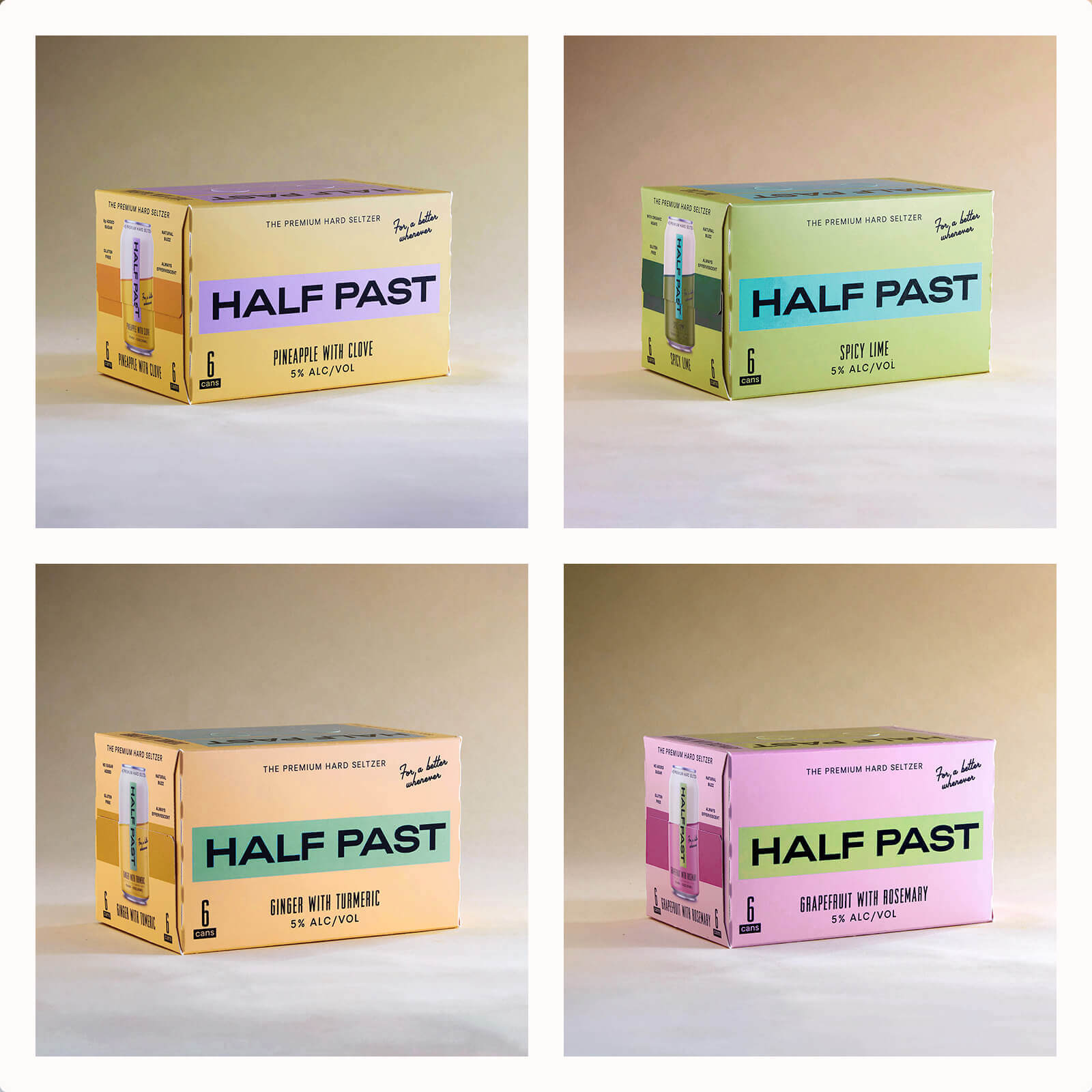 Four Photos of Each Flavor of Half Past Hard Seltzer Cases of Cans