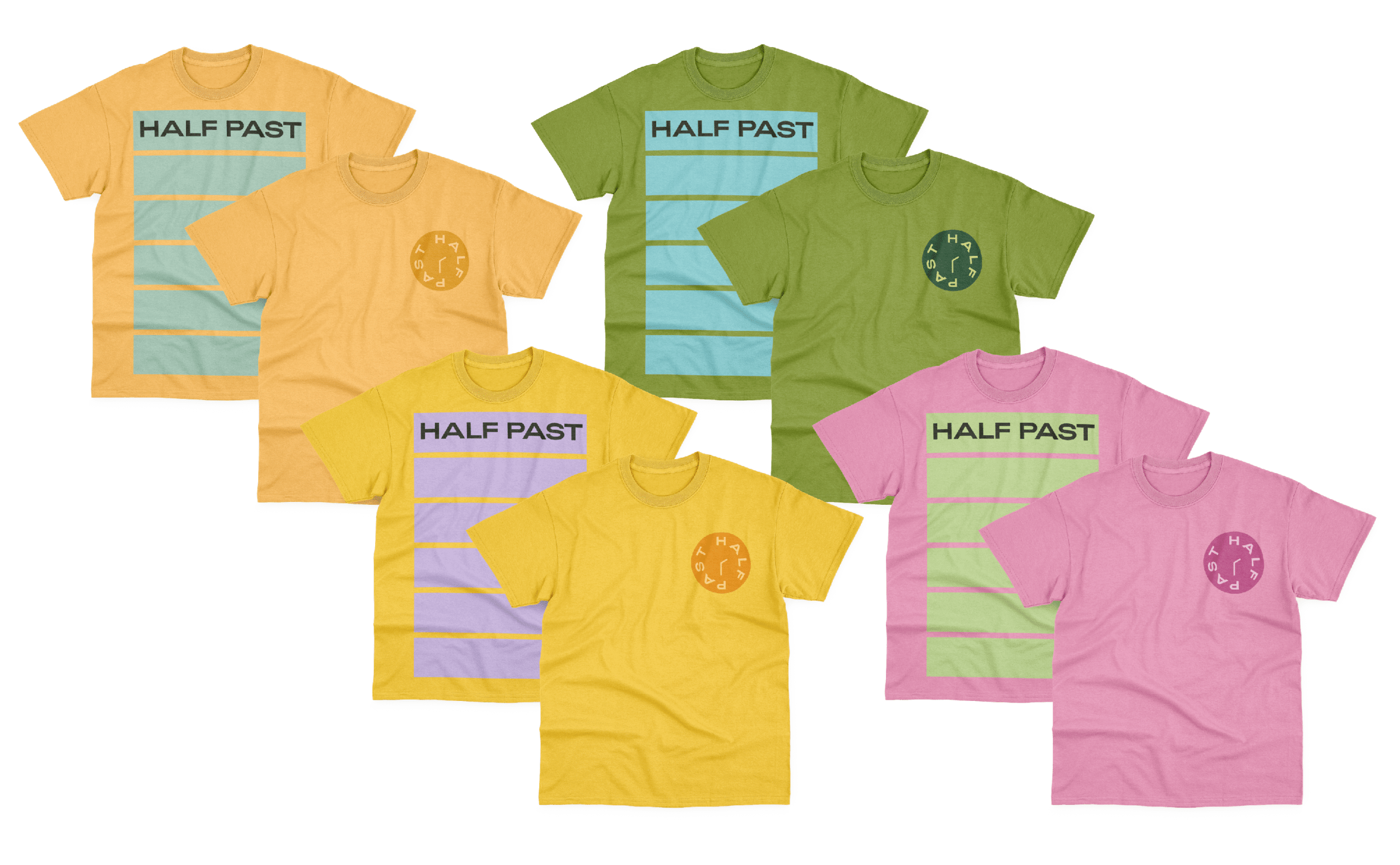 Four Shirt Merchandise Design Mockups with Each Shirt Featuring One of The Four Half Past Hard Seltzer Flavors