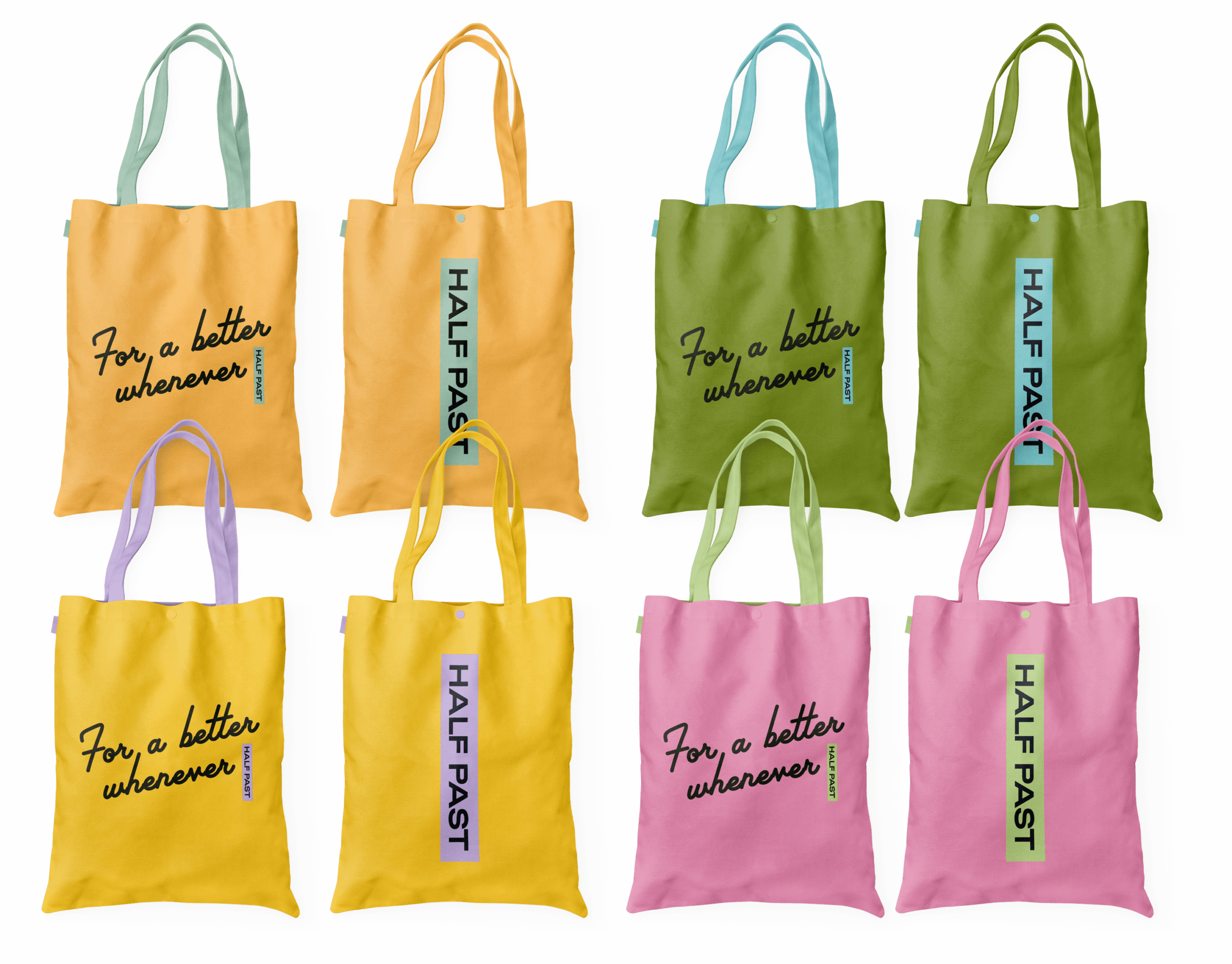 Four Tote Bag Merchandise Design Mockups with Each Tote Featuring One of The Four Half Past Hard Seltzer Flavors